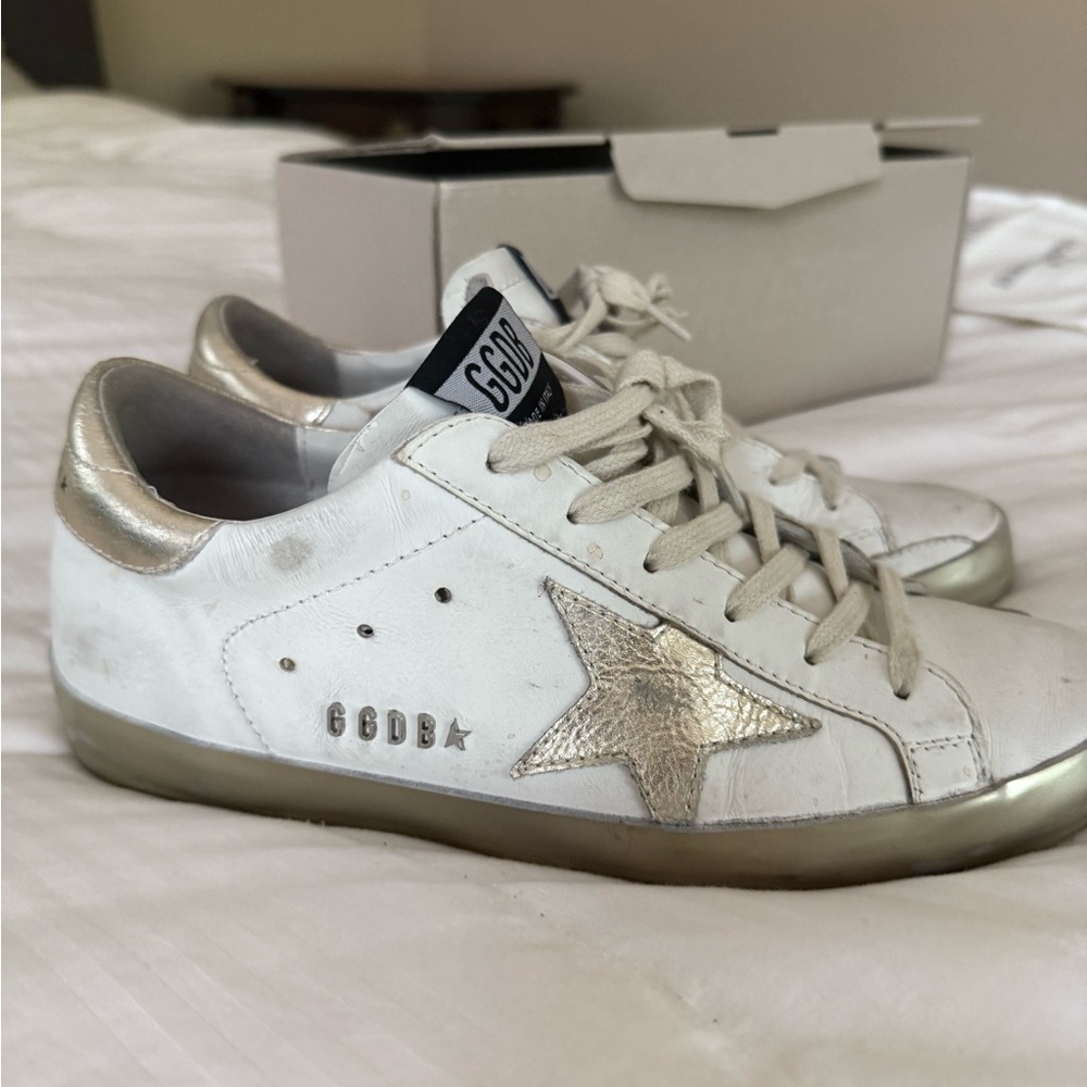 Golden Goose White and Gold Distressed Sneakers - worn twice!